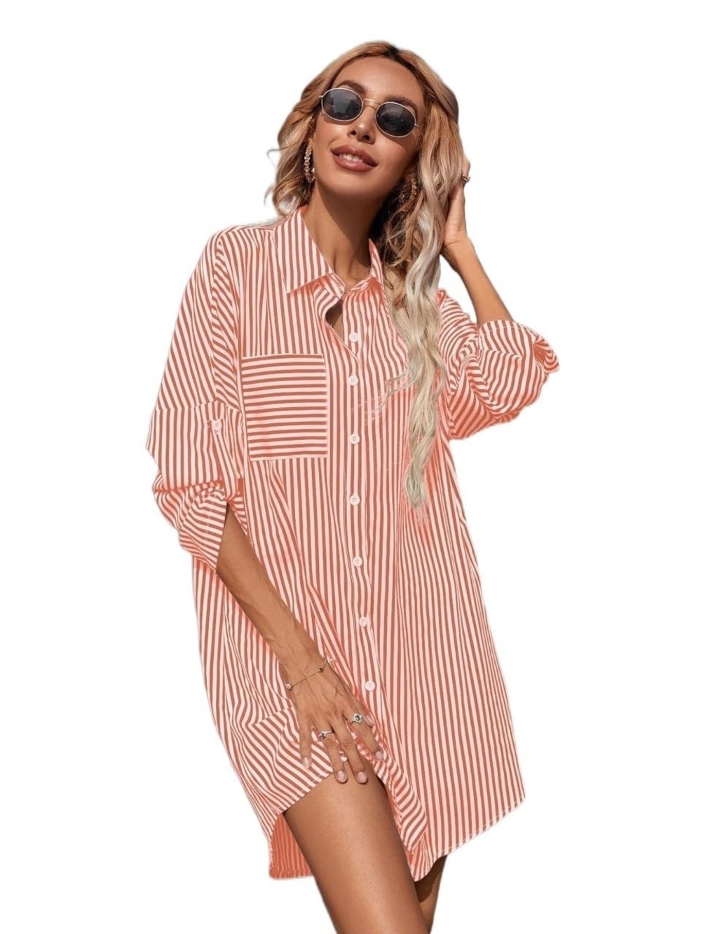 Amazon Peach and White Striped Button-Front Cover-Up Dress